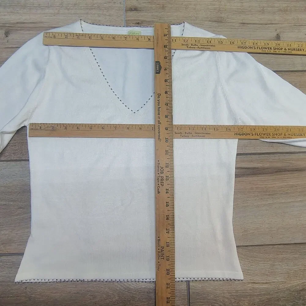 Kieran Silk Ivory Beaded V-Neck Sweater Large Quiet Luxury Old Money Chic Minima